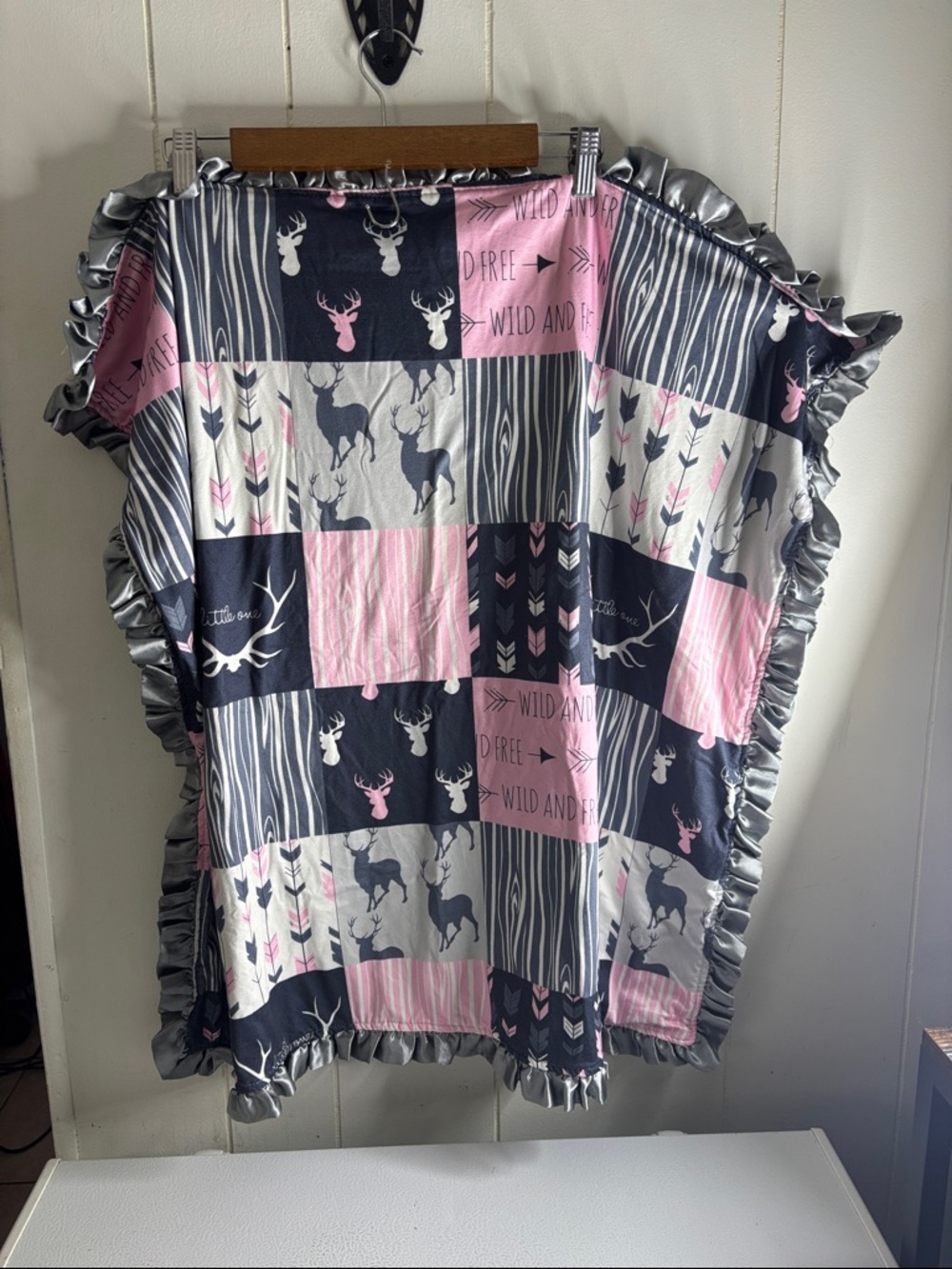 Deer Patchwork Ruffle Throw Blanket - Pink, Gray, Navy